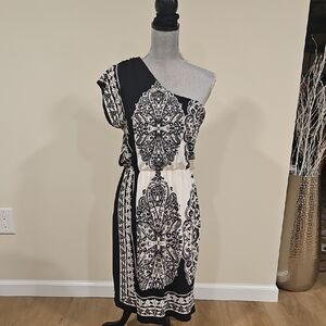 New York & Company Black and Cream One-Shoulder Dress